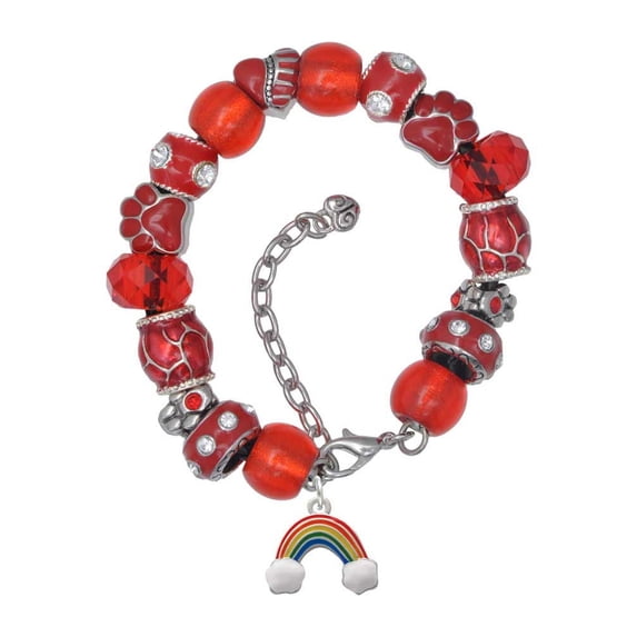 Delight Jewelry Silvertone Enamel Rainbow Red Paw Print Bead Bracelet, 7"+2"