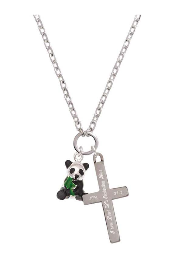 Silvertone Enamel Sitting Panda Everlasting Love Engraved Cross Zoey Necklace, 28"