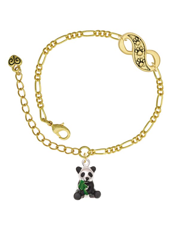 Silvertone Enamel Sitting Panda Gold-tone Paw Infinity Link Chain Bracelet, 6"+2" Extender