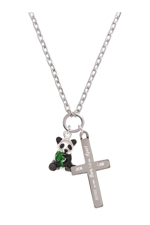Silvertone Enamel Sitting Panda I Set You Apart Engraved Cross Zoey Necklace, 28"