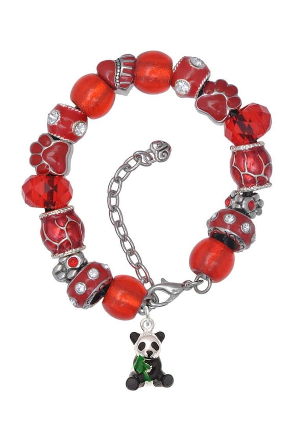 Silvertone Enamel Sitting Panda Red Paw Print Bead Bracelet, 7"+2"