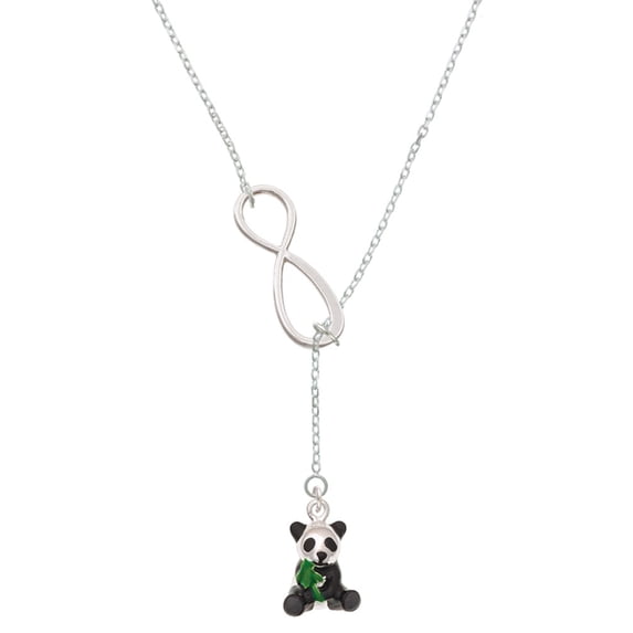 Delight Jewelry Silvertone Enamel Sitting Panda Silver tone Elegant Infinity Lariat Necklace