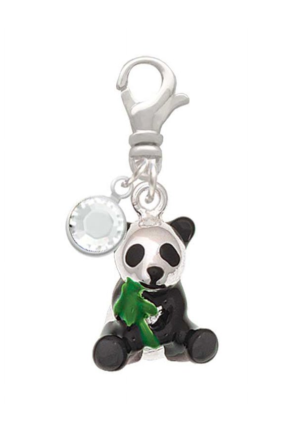 Silvertone Enamel Sitting Panda - Silvertone Clip on Charm with Clear Crystal Drop