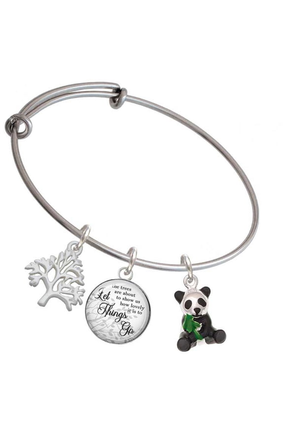 Silvertone Enamel Sitting Panda Silvertone Let Things Go Tree Charm Bangle Bracelet
