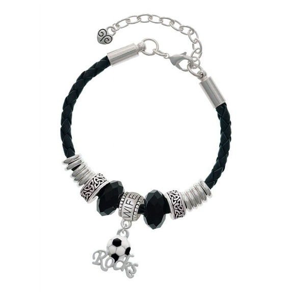 Delight Jewelry Silvertone Enamel Soccer ball ''Rocks'' Wife Celtic Knot Leather Bead Bracelet, 7"+2" Extender