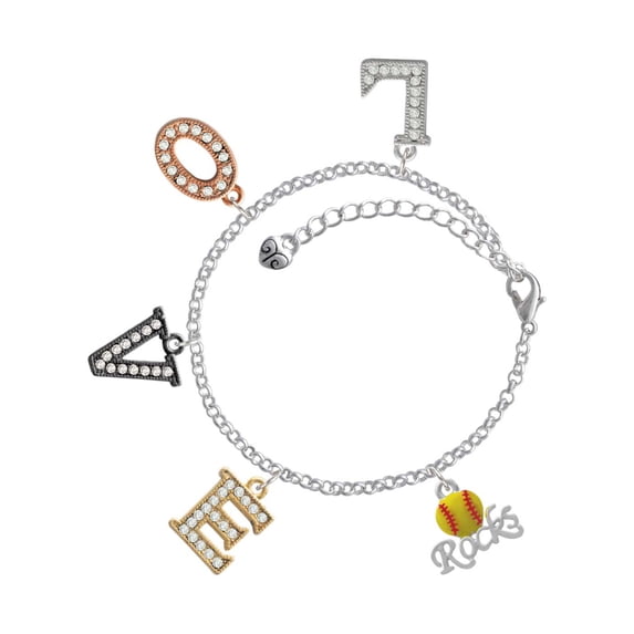 Delight Jewelry Silvertone Enamel Softball ''Rocks'' Multi-Colored Crystal Love Charm Bracelet
