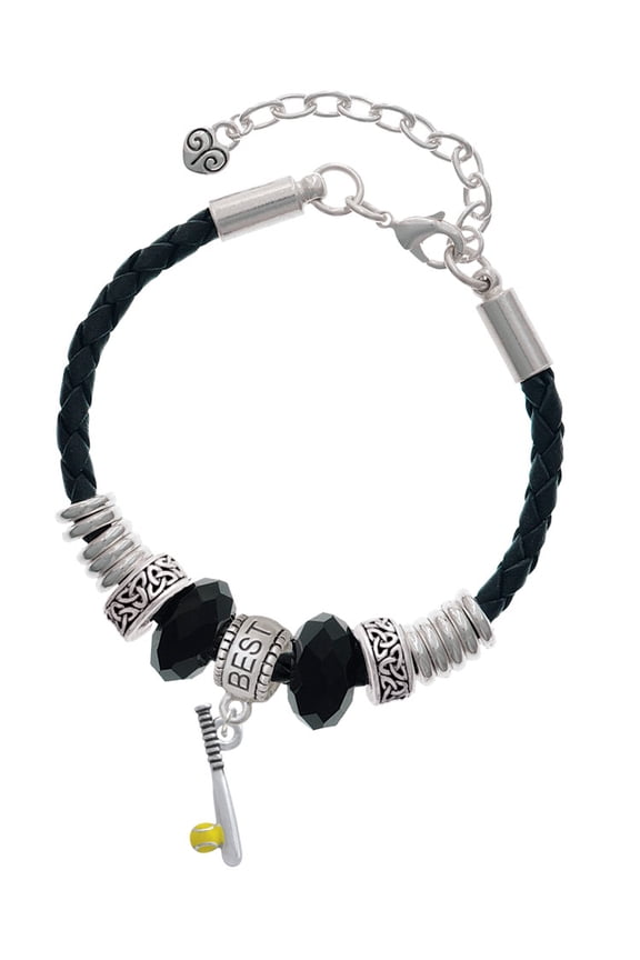 Silvertone Enamel Softball and Bat Best Friend Celtic Knot Leather Bead Bracelet, 7"+2" Extender