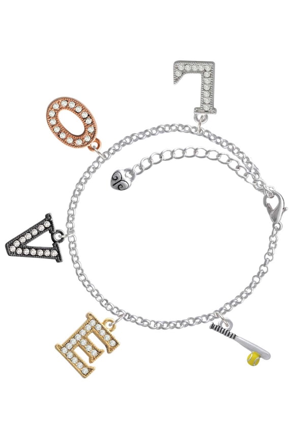 Silvertone Enamel Softball and Bat Multi-Colored Crystal Love Charm Bracelet