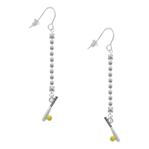 Delight Jewelry Silvertone Enamel Softball and Bat - Silver-tone Long Sparkle Dangle French Earrings