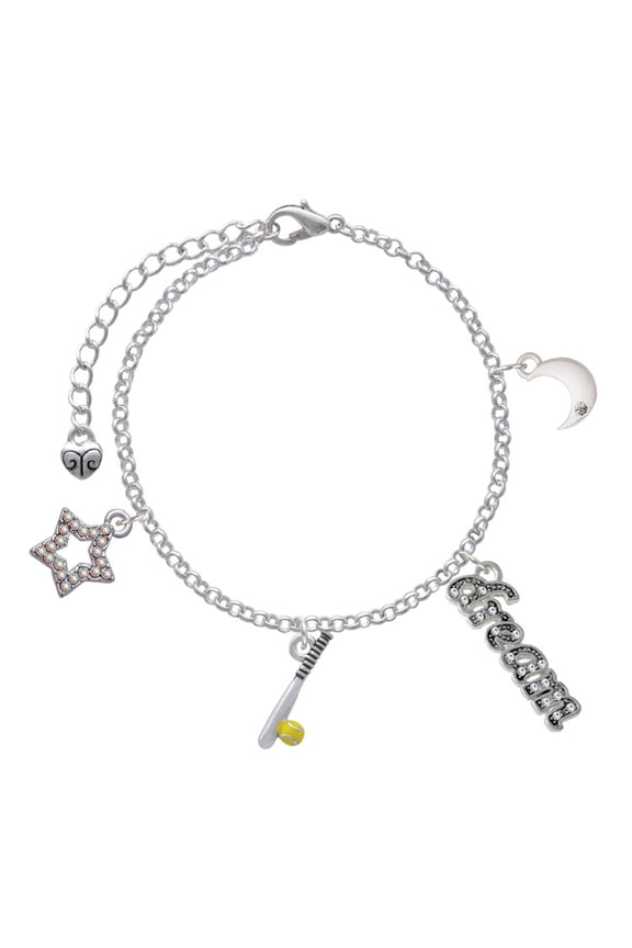 Silvertone Enamel Softball and Bat Silvertone Dream Big Charm Bracelet, 7.5+2" Extender