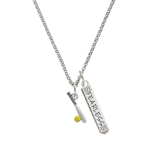 Delight Jewelry Silvertone Enamel Softball and Bat Silvertone Fearless Bar Charm Necklace, 23"