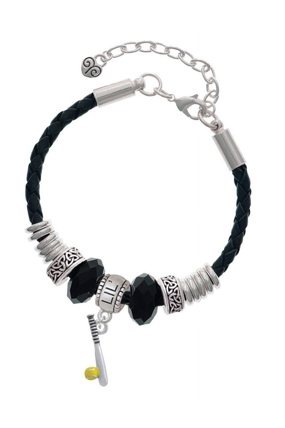 Silvertone Enamel Softball and Bat Sister Celtic Knot Leather Bead Bracelet, 7"+2" Extender