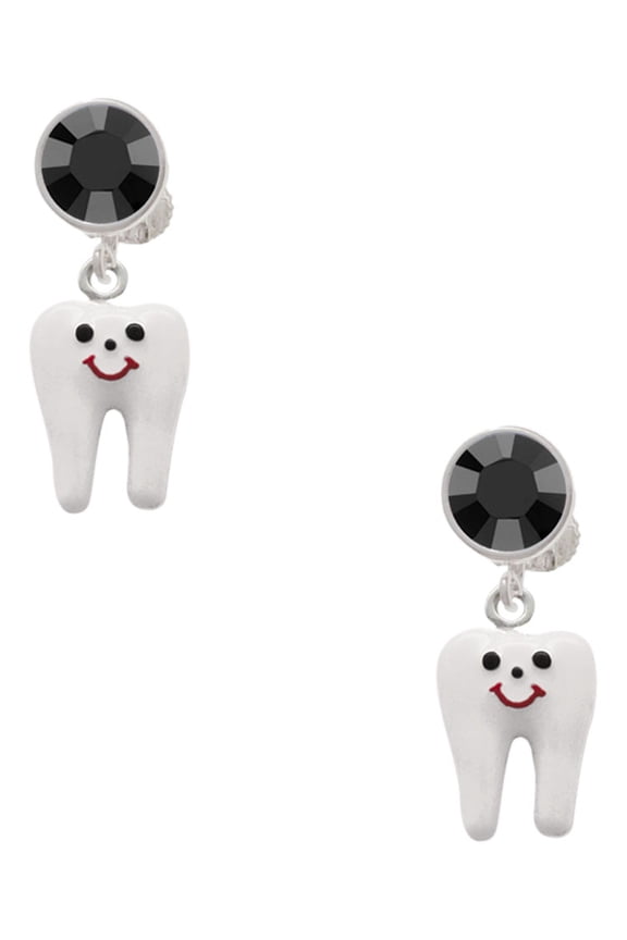 Silvertone Enamel Tooth Black Crystal Clip on Earrings