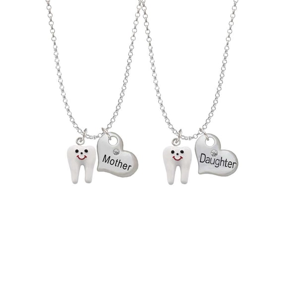 Delight Jewelry Silvertone Enamel Tooth Mother & Daughter Heart Necklaces (Set of 2), 19"+2"