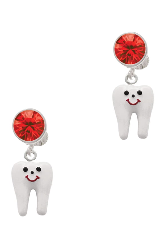 Silvertone Enamel Tooth Red Crystal Clip on Earrings