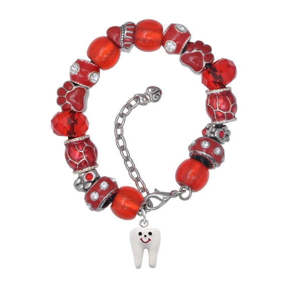 Delight Jewelry Silvertone Enamel Tooth Red Paw Print Bead Bracelet, 7"+2"