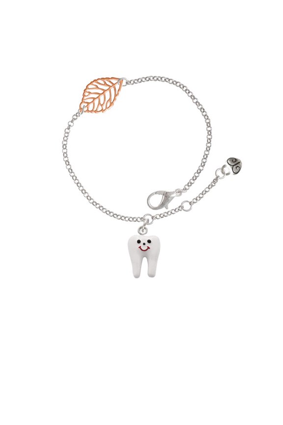 Silvertone Enamel Tooth - Rose Goldtone Leaf Delicate Bracelet, 6.25+1.75"