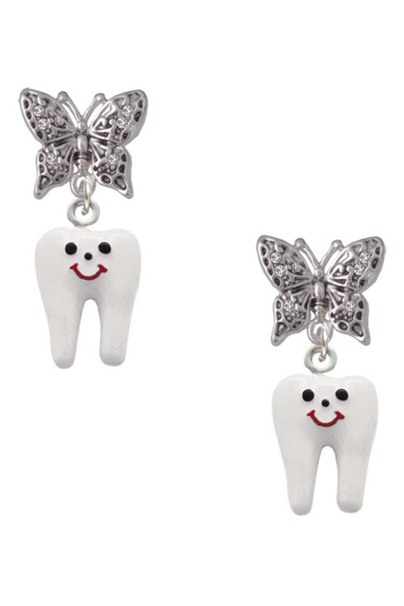 Silvertone Enamel Tooth Silvertone Antiqued Butterfly Post Earrings