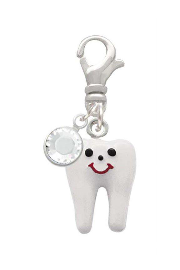 Silvertone Enamel Tooth - Silvertone Clip on Charm with Clear Crystal Drop