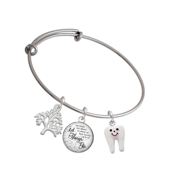 Delight Jewelry Silvertone Enamel Tooth Silvertone Let Things Go Tree Charm Bangle Bracelet