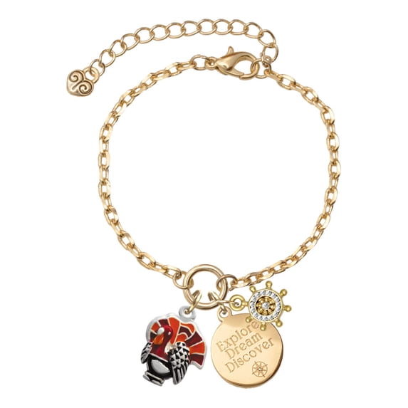Delight Jewelry Silvertone Enamel Turkey Goldtone Discover Dream Explore Zoey Charm Bracelet, 6.5+2" Extender