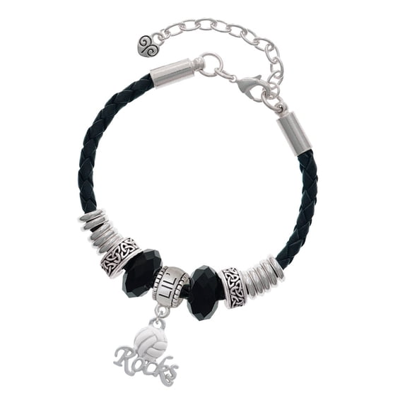 Delight Jewelry Silvertone Enamel Volleyball ''Rocks'' Big Sister Celtic Knot Leather Bead Bracelet, 7"+2" Extender