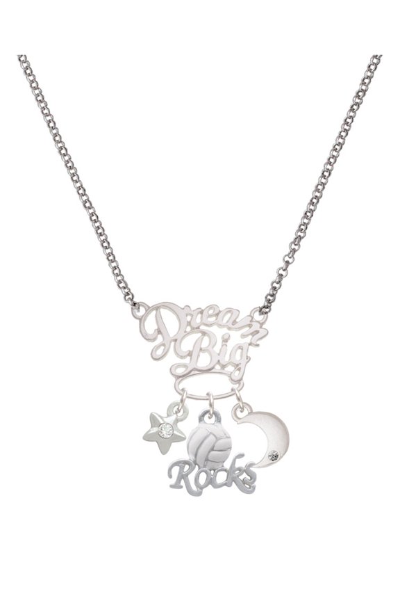 Silvertone Enamel Volleyball ''Rocks'' Silvertone Dream Big Pendant Necklace, 25"