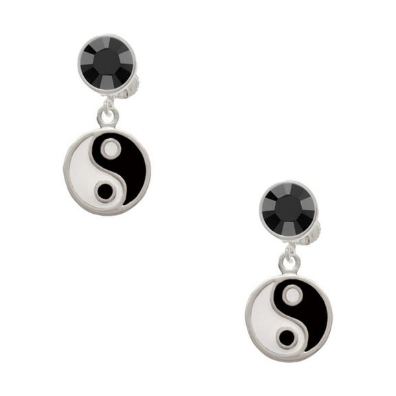 Delight Jewelry Silvertone Enamel Yin and Yang Black Crystal Clip on Earrings