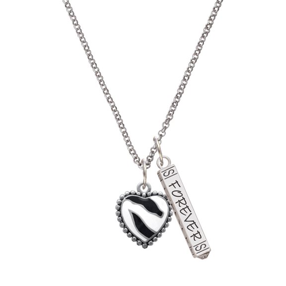 Delight Jewelry Silvertone Enamel Zebra Print Heart Silvertone Forever Bar Charm Necklace, 23"