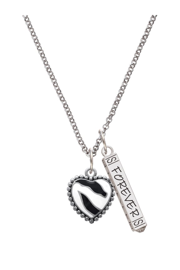 Silvertone Enamel Zebra Print Heart Silvertone Forever Bar Charm Necklace, 23"