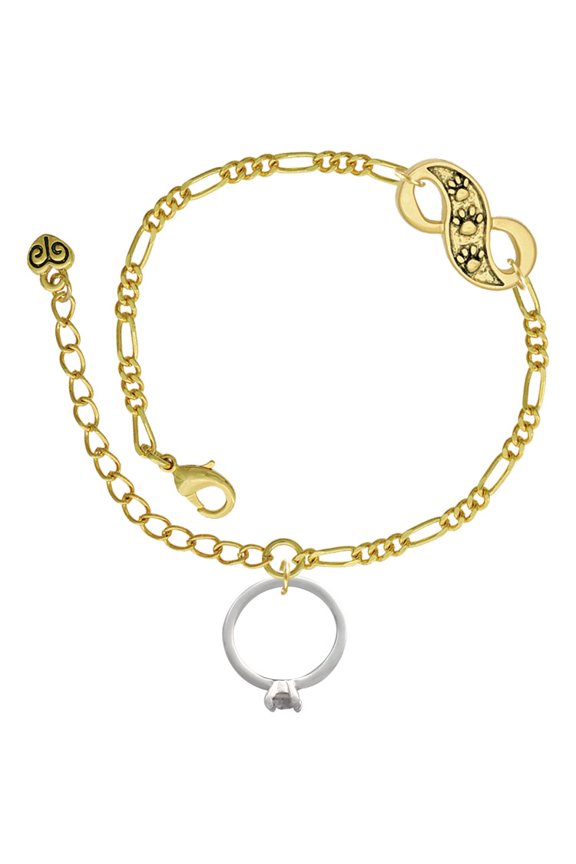 Silvertone Engagement Ring with Crystal Gold-tone Paw Infinity Link Chain Bracelet, 6"+2" Extender