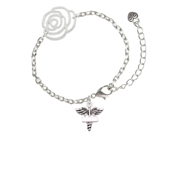 Delight Jewelry Silvertone Engraveable Caduceus - Silver-tone Flower Link Chain Bracelet, 6.75"+2" Extender