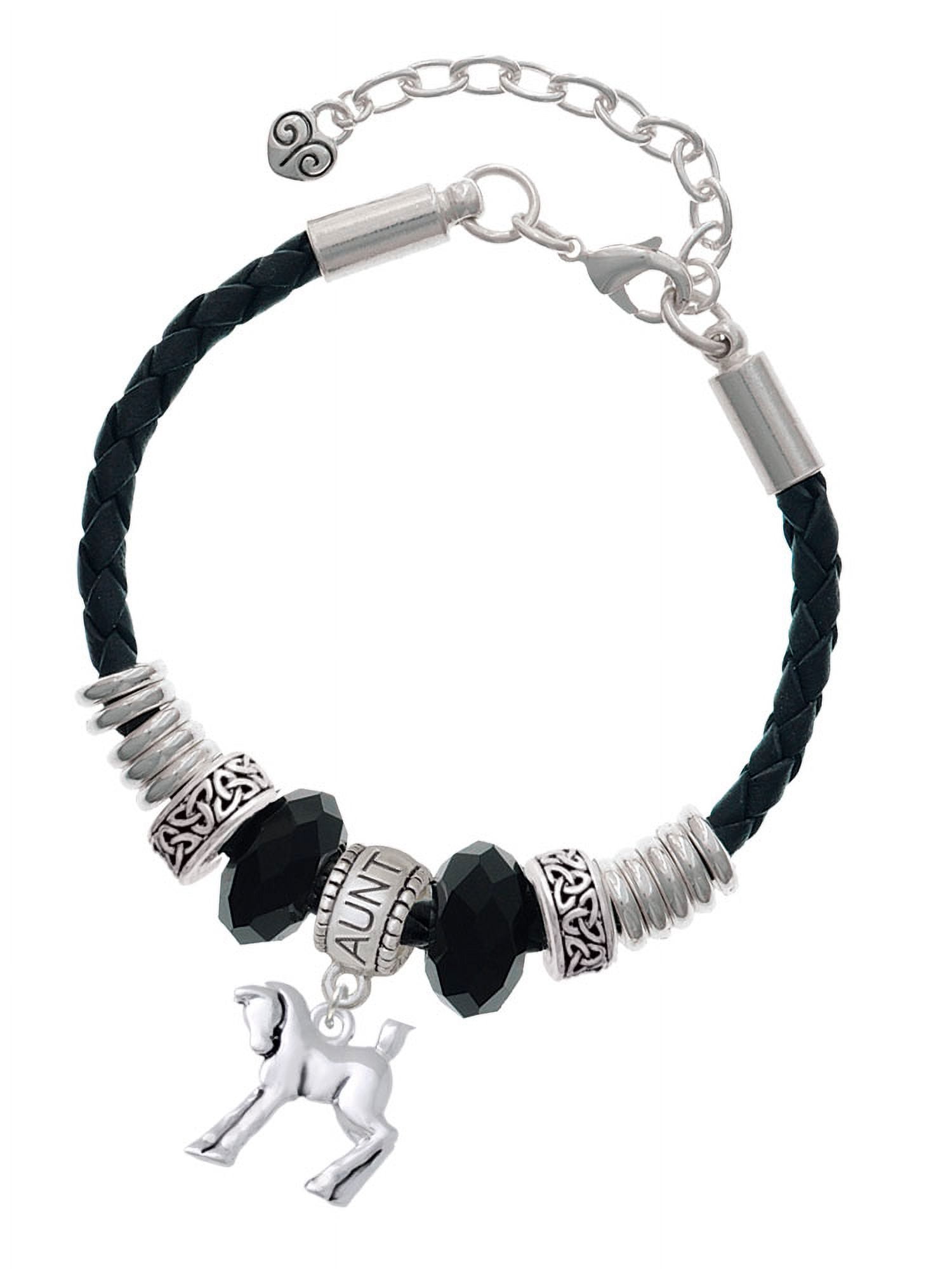 Delight Jewelry Silvertone Equestrian Horse Aunt Celtic Knot Leather Bead Bracelet, 7"+2" Extender