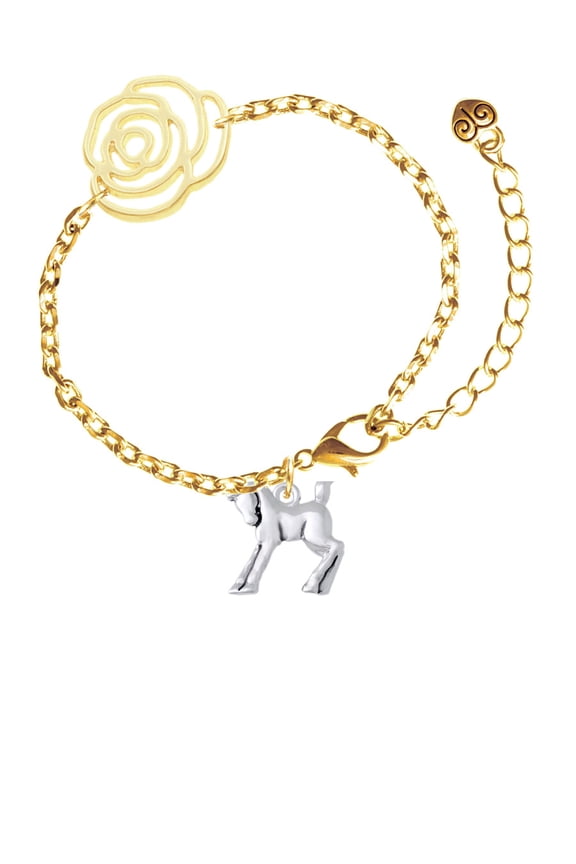 Silvertone Equestrian Horse Gold-tone Flower Link Chain Bracelet, 6.75"+2" Extender