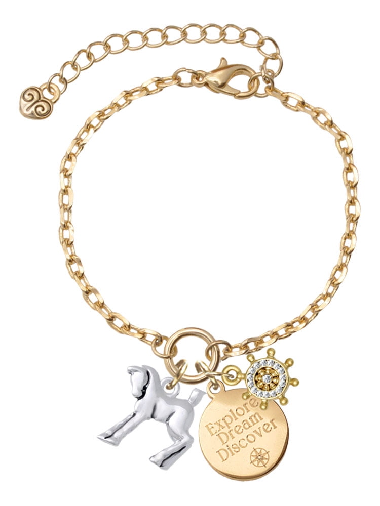 Delight Jewelry Silvertone Equestrian Horse Goldtone Discover Dream Explore Zoey Charm Bracelet, 6.5+2" Extender