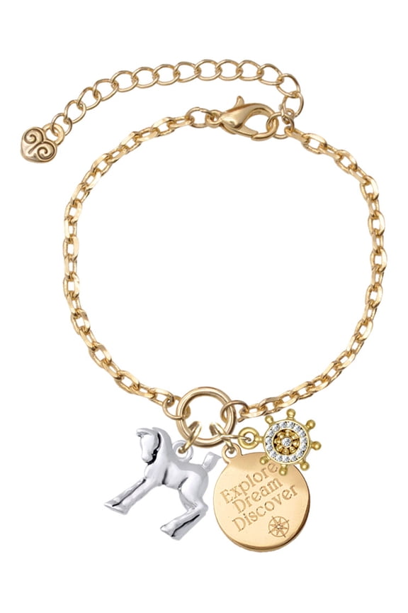 Silvertone Equestrian Horse Goldtone Discover Dream Explore Zoey Charm Bracelet, 6.5+2" Extender