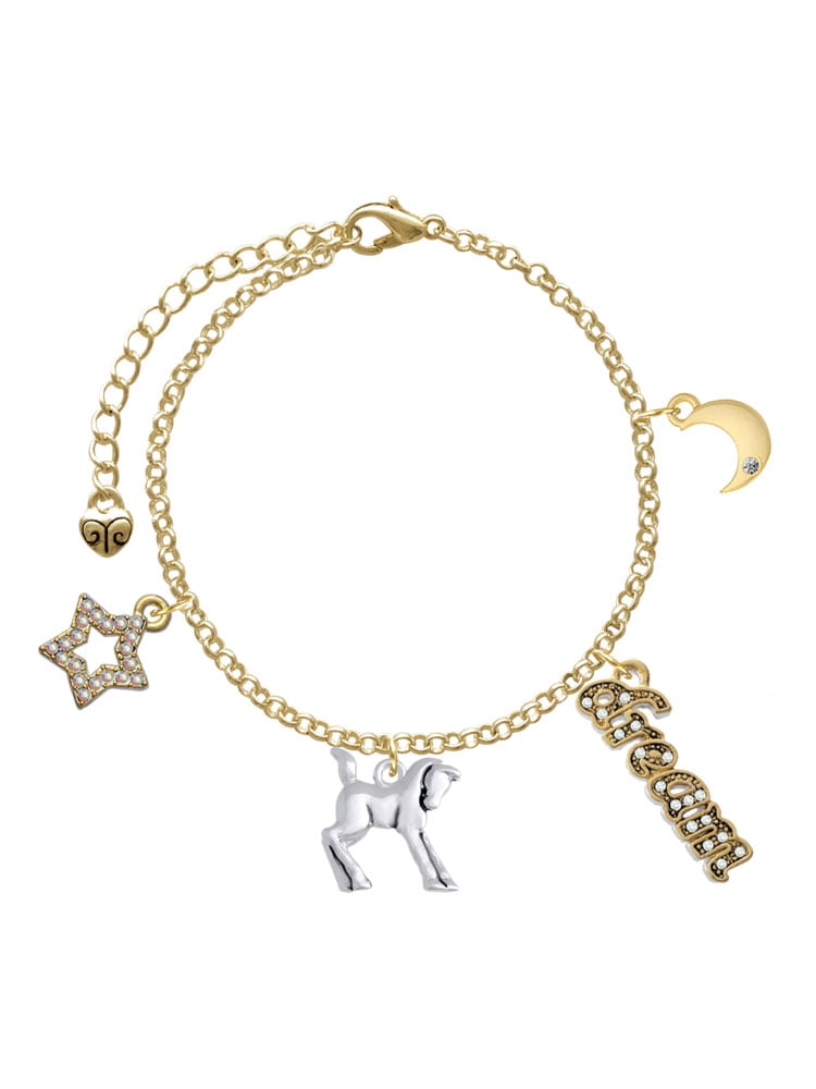Delight Jewelry Silvertone Equestrian Horse Goldtone Dream Big Charm Bracelet, 7.5+2" Extender