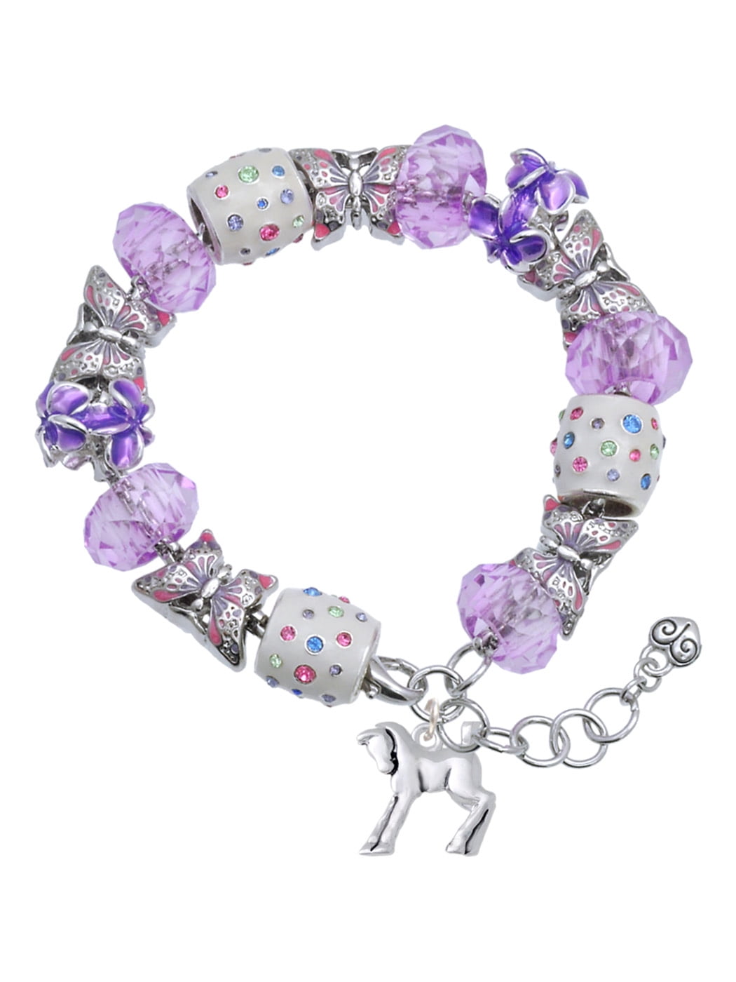 Delight Jewelry Silvertone Equestrian Horse Purple Butterfly Bead Charm Bracelet, 7"+1" Extender