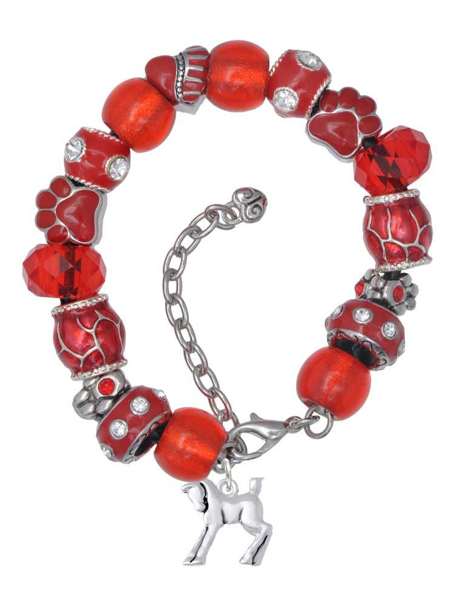 Delight Jewelry Silvertone Equestrian Horse Red Paw Print Bead Bracelet, 7"+2"