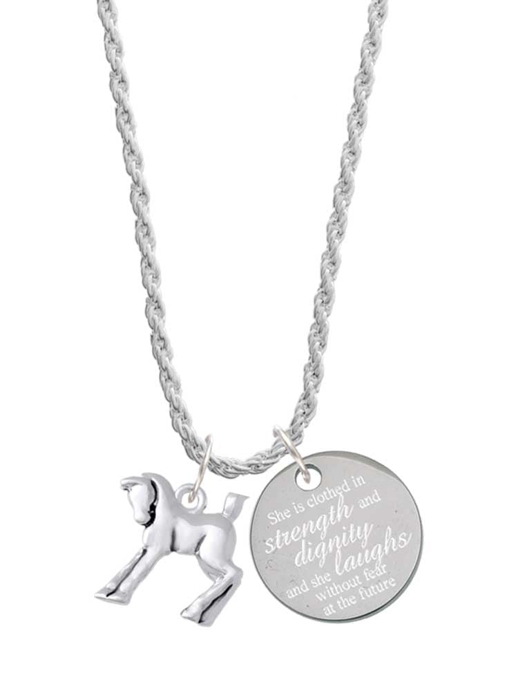 Delight Jewelry Silvertone Equestrian Horse She is Clothed in Stength and Dignity Charm Necklace, 20"+3"