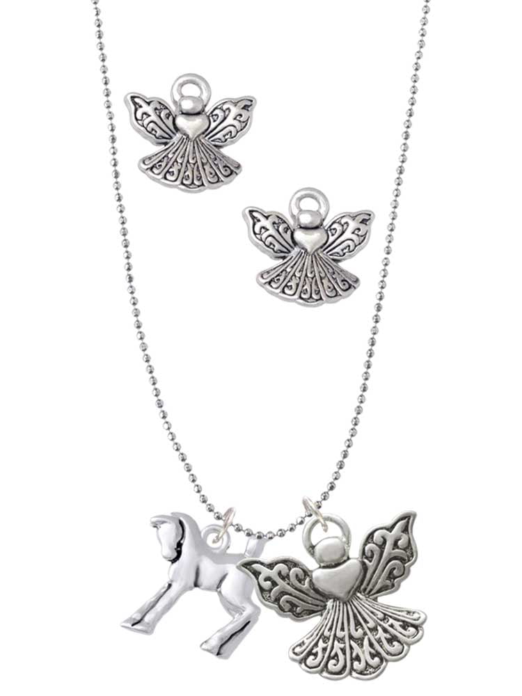 Delight Jewelry Silvertone Equestrian Horse Silver tone Guardian Angel Charm Necklace and Stud Earrings