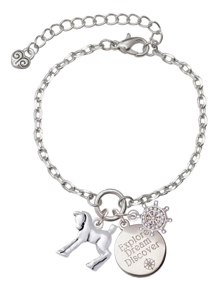 Delight Jewelry Silvertone Equestrian Horse Silvertone Discover Dream Explore Zoey Charm Bracelet, 6.5+2" Extender