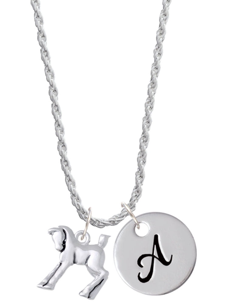Delight Jewelry Silvertone Equestrian Horse Silvertone Script Initial Disc - A - Charm Necklace, 20"+3"
