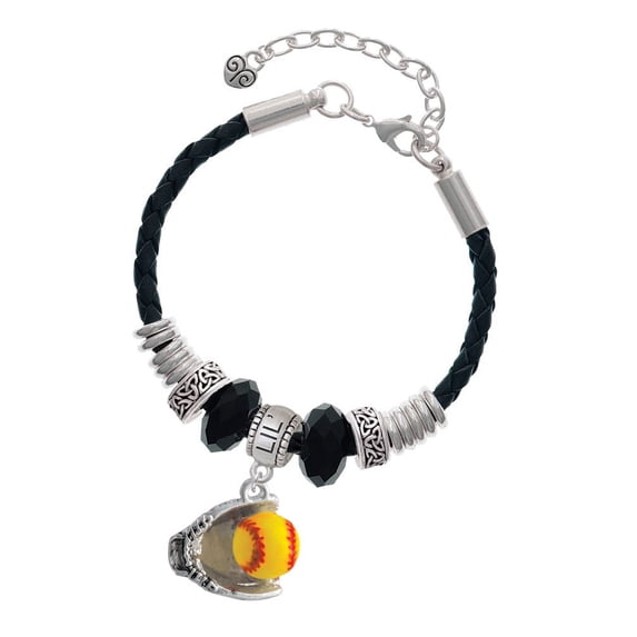 Delight Jewelry Silvertone Extra Large Softball and Glove Big Sister Celtic Knot Leather Bead Bracelet, 7"+2" Extender