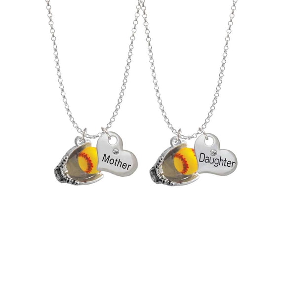 Delight Jewelry Silvertone Extra Large Softball and Glove Mother & Daughter Heart Necklaces (Set of 2), 19"+2"
