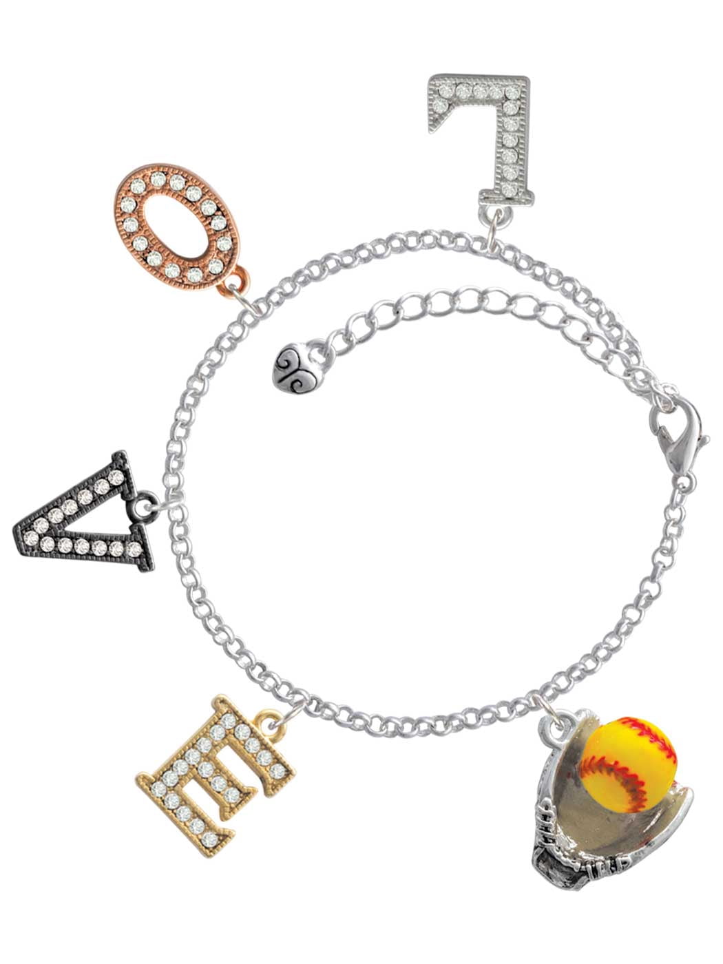 Delight Jewelry Silvertone Extra Large Softball and Glove Multi-Colored Crystal Love Charm Bracelet
