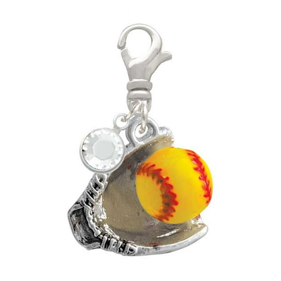 Delight Jewelry Silvertone Extra Large Softball and Glove - Silvertone Clip on Charm with Clear Crystal Drop