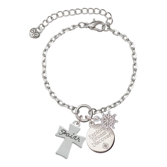 Delight Jewelry Silvertone Faith Flat Cross Silvertone Discover Dream Explore Zoey Charm Bracelet, 6.5+2" Extender
