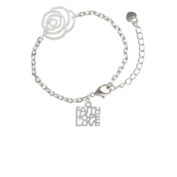 Delight Jewelry Silvertone Faith Hope Love Silver-tone Flower Link Chain Bracelet, 6.75"+2" Extender