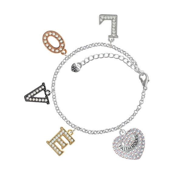 Delight Jewelry Silvertone Faith Rocks on AB Crystal Heart Multi-Colored Crystal Love Charm Bracelet